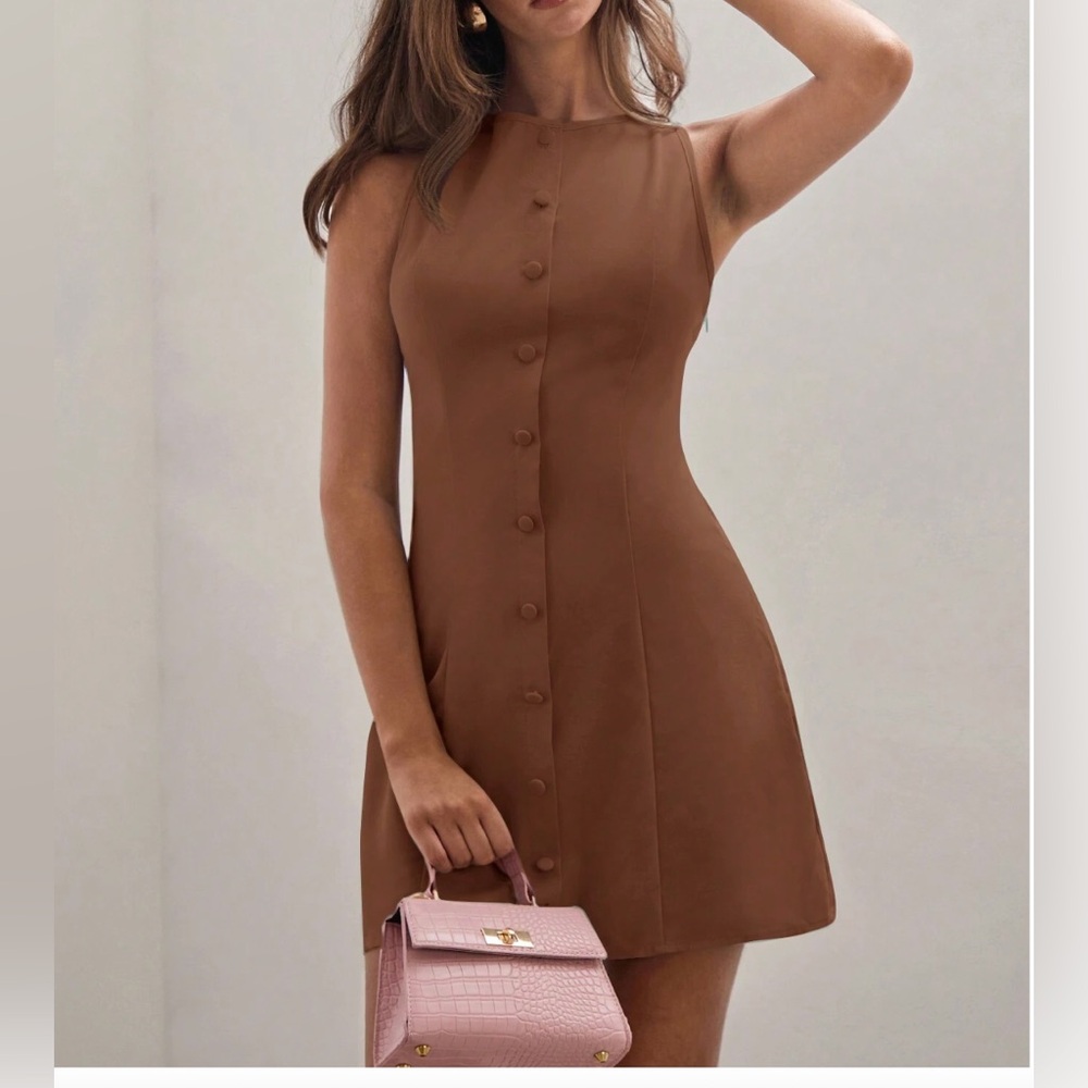 Round Neck Front Button Sleeveless Mini Dress Light Green - Picture 3 of 9